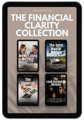 A tablet displays covers of four financial guidebooks—The Money-Date Method, The Quiet Wealth Method, The Financial Reset, and The Loud Budgeting Method—from The Financial Clarity Collection for intentional spending.