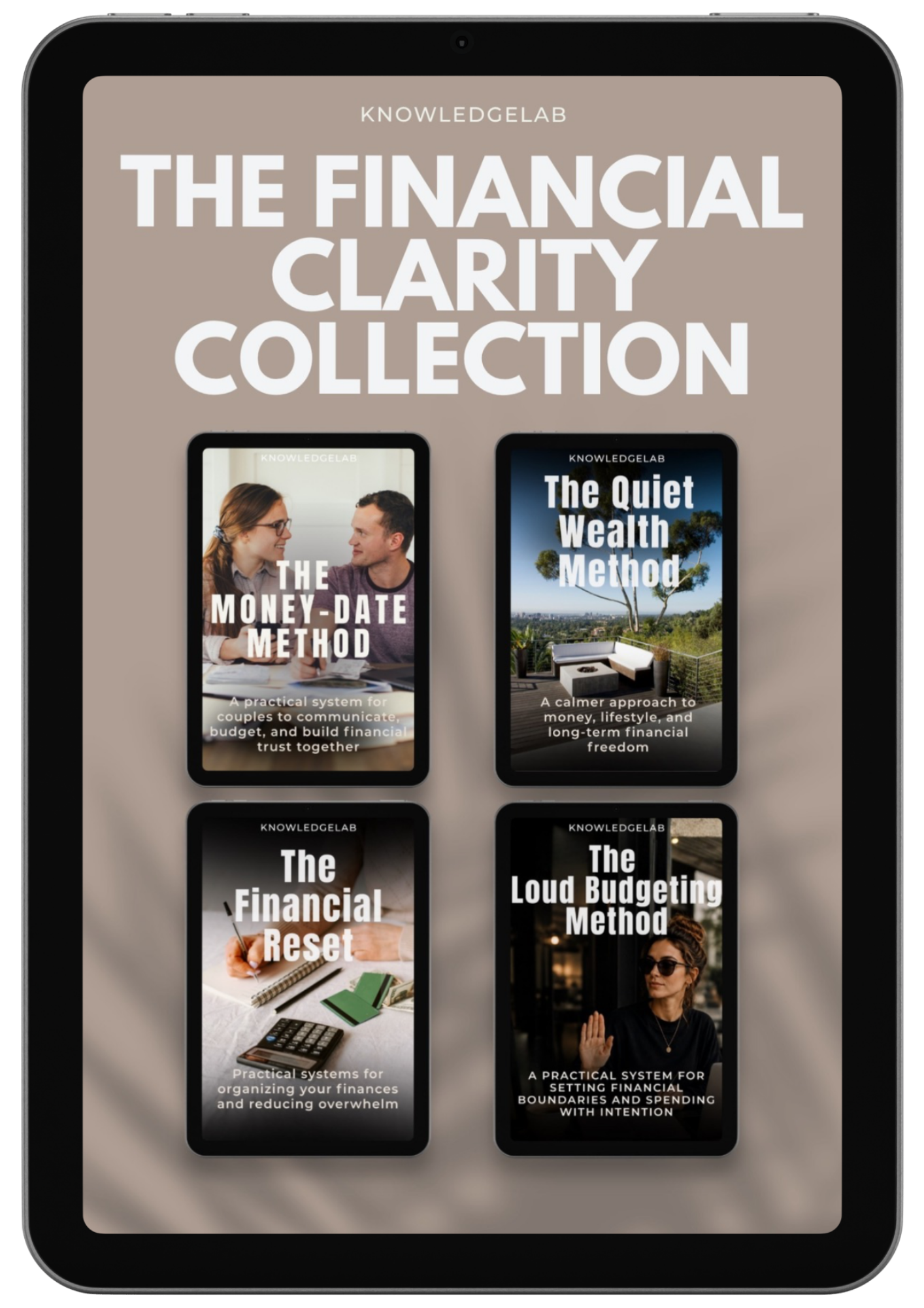 A tablet displays covers of four financial guidebooks—The Money-Date Method, The Quiet Wealth Method, The Financial Reset, and The Loud Budgeting Method—from The Financial Clarity Collection for intentional spending.
