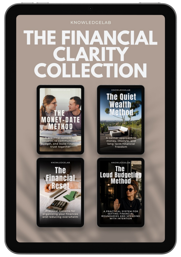 A tablet displays covers of four financial guidebooks—The Money-Date Method, The Quiet Wealth Method, The Financial Reset, and The Loud Budgeting Method—from The Financial Clarity Collection for intentional spending.