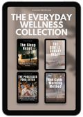 An iPad displays The Everyday Wellness Collection, showcasing four eBook covers—The Sleep Reset, The Gentle Sunday Reset, The Processed Food Detox, and The Calm Morning Method—for sustainable well-being.
