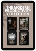 A tablet displays The Modern Productivity Collection, featuring four ebook covers—The Digital Reset Guide, AI Prompts for Real Work, The Distraction-Proof Workspace, and The Focus Reset—for achieving productivity in a digital world.