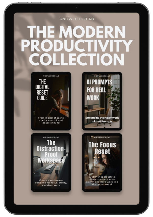 A tablet displays The Modern Productivity Collection, featuring four ebook covers—The Digital Reset Guide, AI Prompts for Real Work, The Distraction-Proof Workspace, and The Focus Reset—for achieving productivity in a digital world.