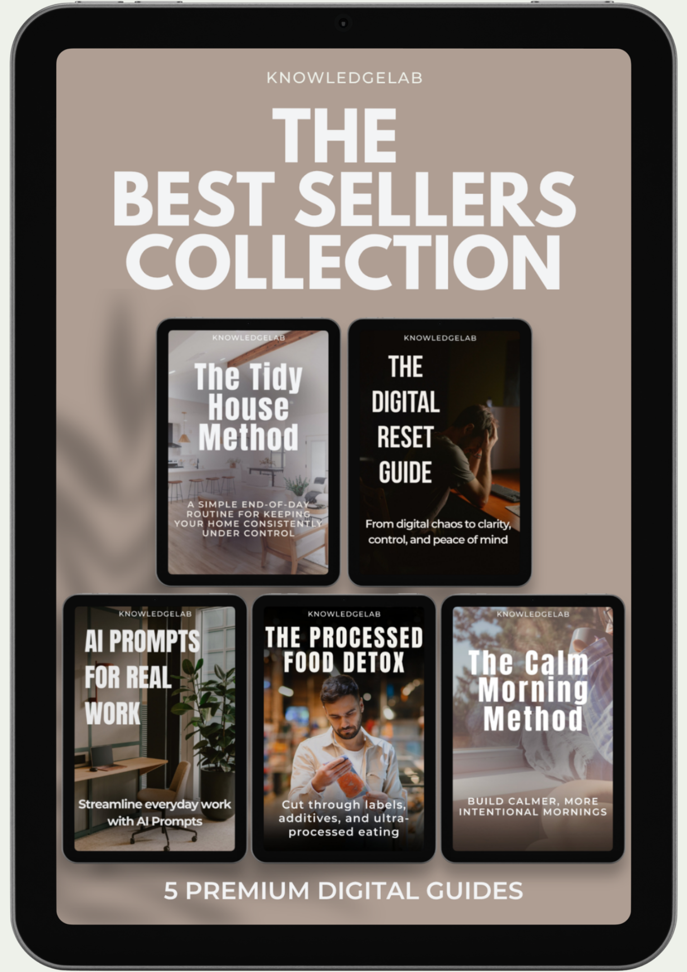A tablet displays The Best Sellers Collection, featuring five digital guides: The Tidy House Method, The Digital Reset Guide, AI Prompts for Real Work, The Processed Food Detox, and The Calm Morning Method.