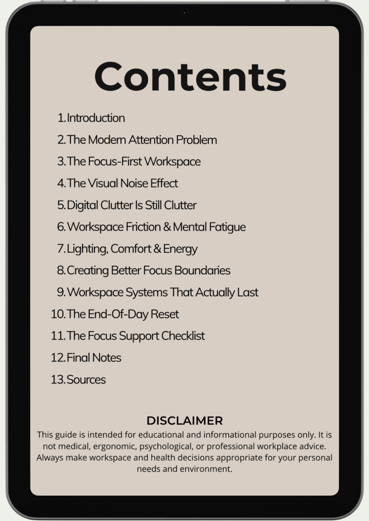 On a tablet screen, "The Distraction-Proof Workspace" table of contents lists topics on workspace setup, attention, managing digital clutter, and boosting productivity. A disclaimer notes content is for educational and informational purposes only.