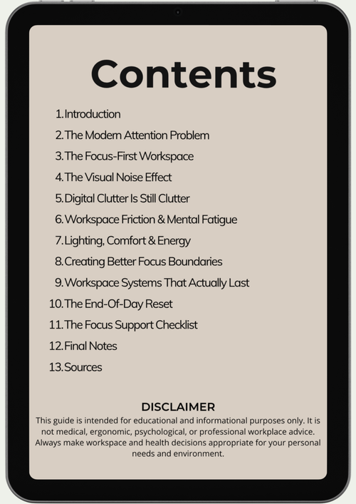 On a tablet screen, "The Distraction-Proof Workspace" table of contents lists topics on workspace setup, attention, managing digital clutter, and boosting productivity. A disclaimer notes content is for educational and informational purposes only.