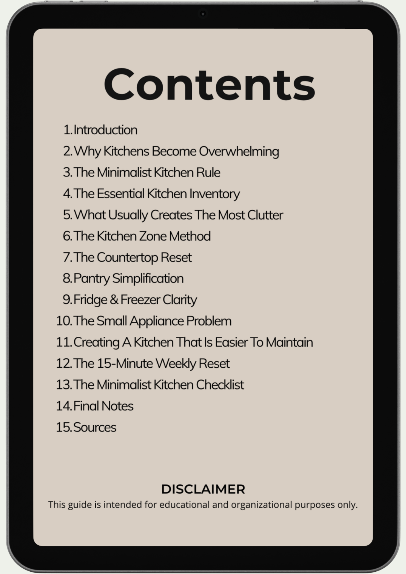 A tablet shows the table of contents for The Minimalist Kitchen System, featuring topics like declutter your kitchen, inventory, pantry simplification, appliance issues, checklists, and a disclaimer at the bottom.