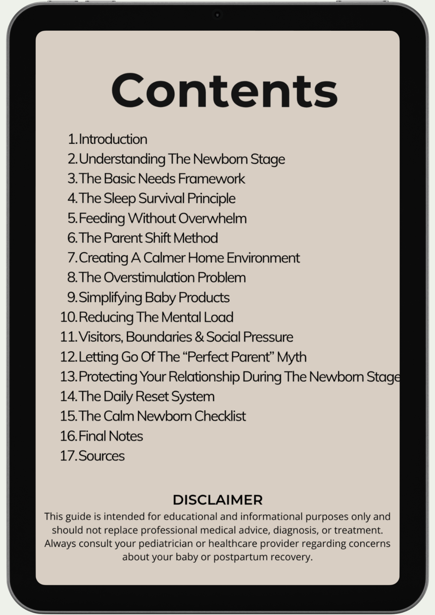 A tablet displays a table of contents for The Calm Newborn Method, featuring 16 topics to help overwhelmed parents with newborn care, sleep, feeding, routines, daily resets, and more during the early weeks.
