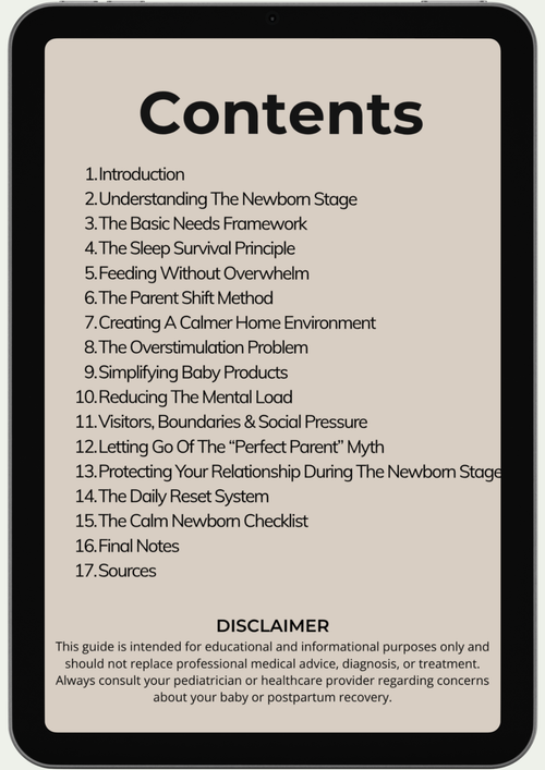A tablet displays a table of contents for The Calm Newborn Method, featuring 16 topics to help overwhelmed parents with newborn care, sleep, feeding, routines, daily resets, and more during the early weeks.
