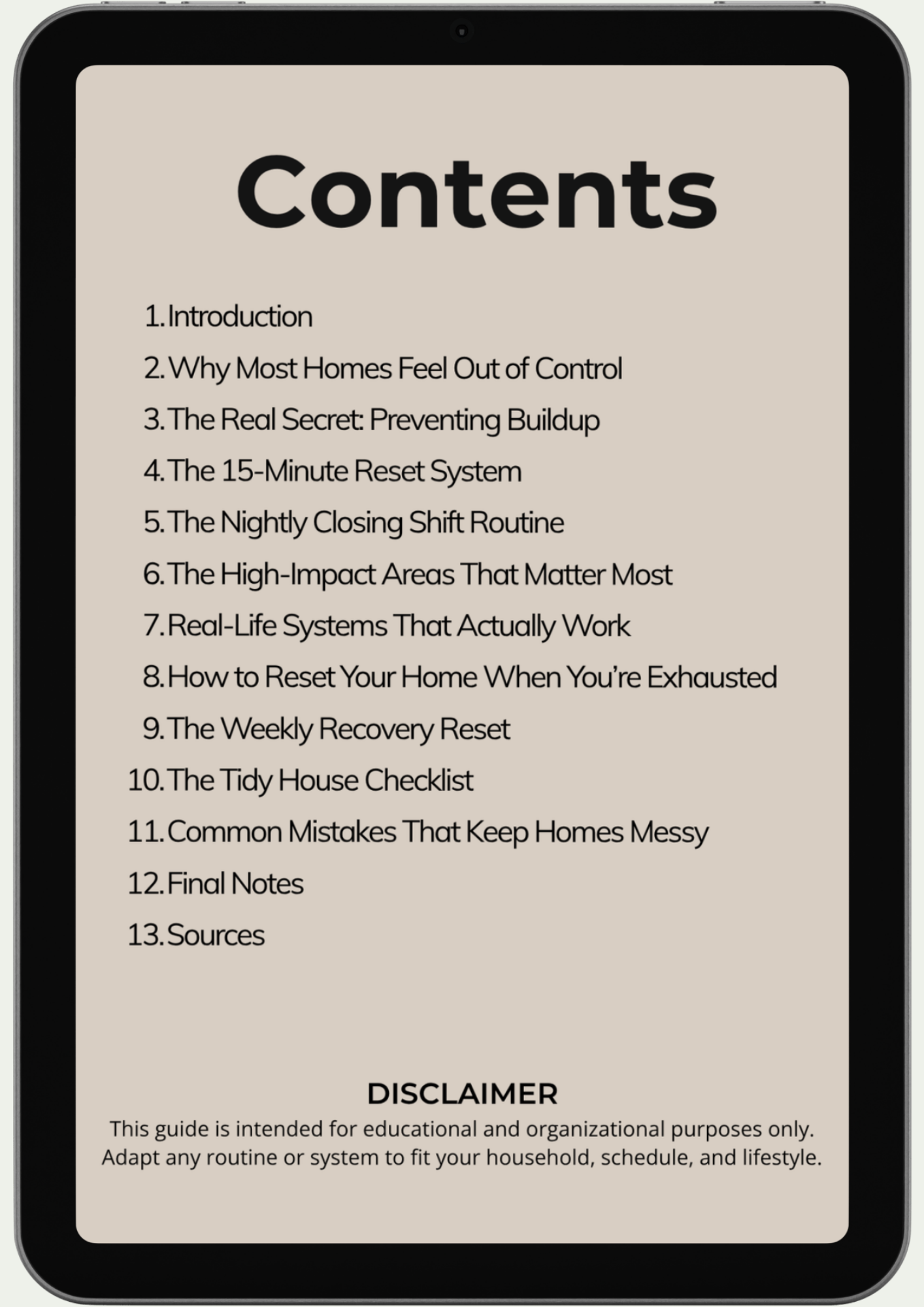 A tablet displays the table of contents for The Tidy House Method, covering topics like nightly reset, house recovery, and common mistakes. A disclaimer notes the guide is for educational purposes only.