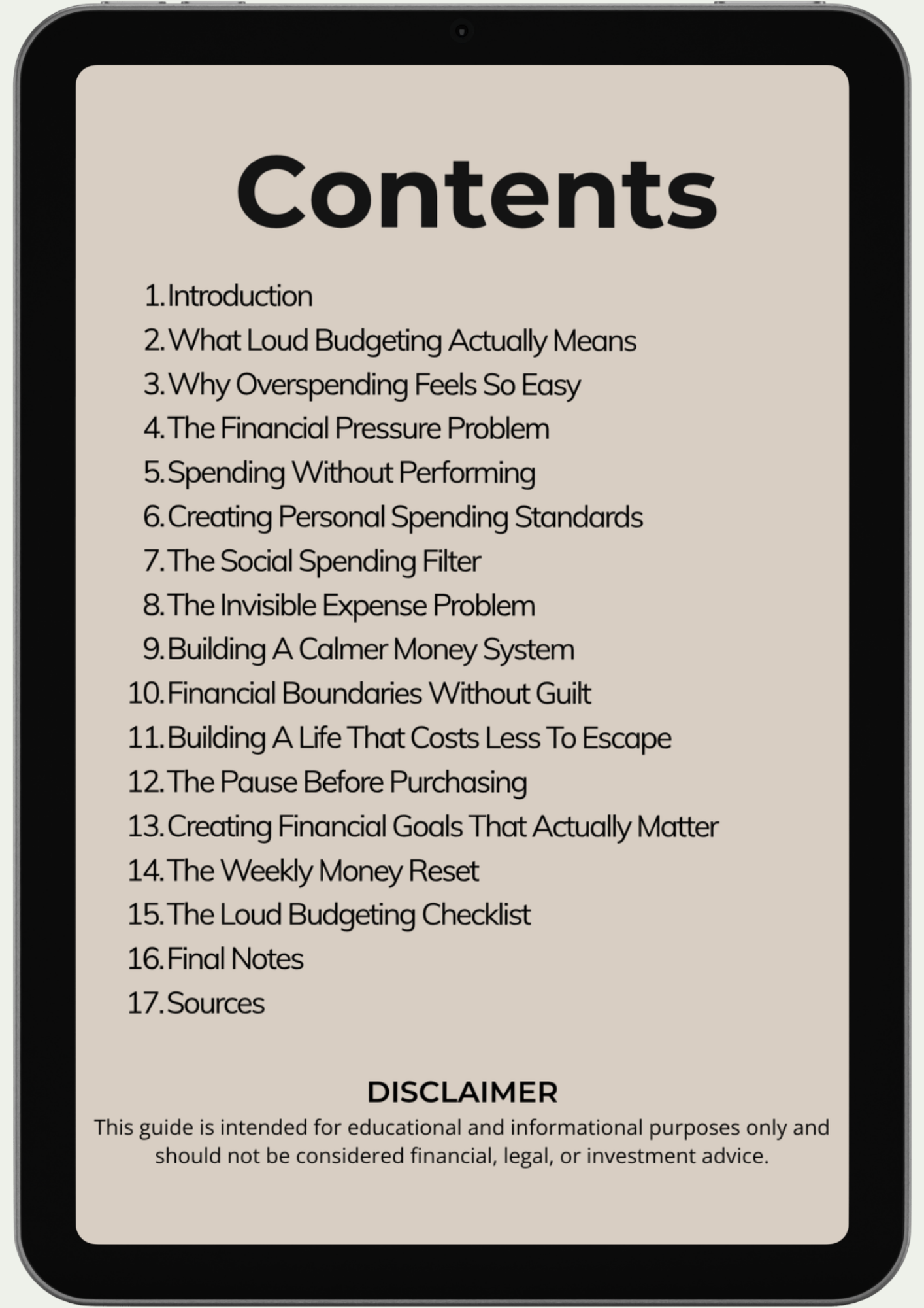 A tablet screen shows the table of contents for The Loud Budgeting Method, featuring 17 topics such as What Loud Budgeting Actually Means, intentional spending, Financial Boundaries Without Guilt, and The Loud Budgeting Checklist.