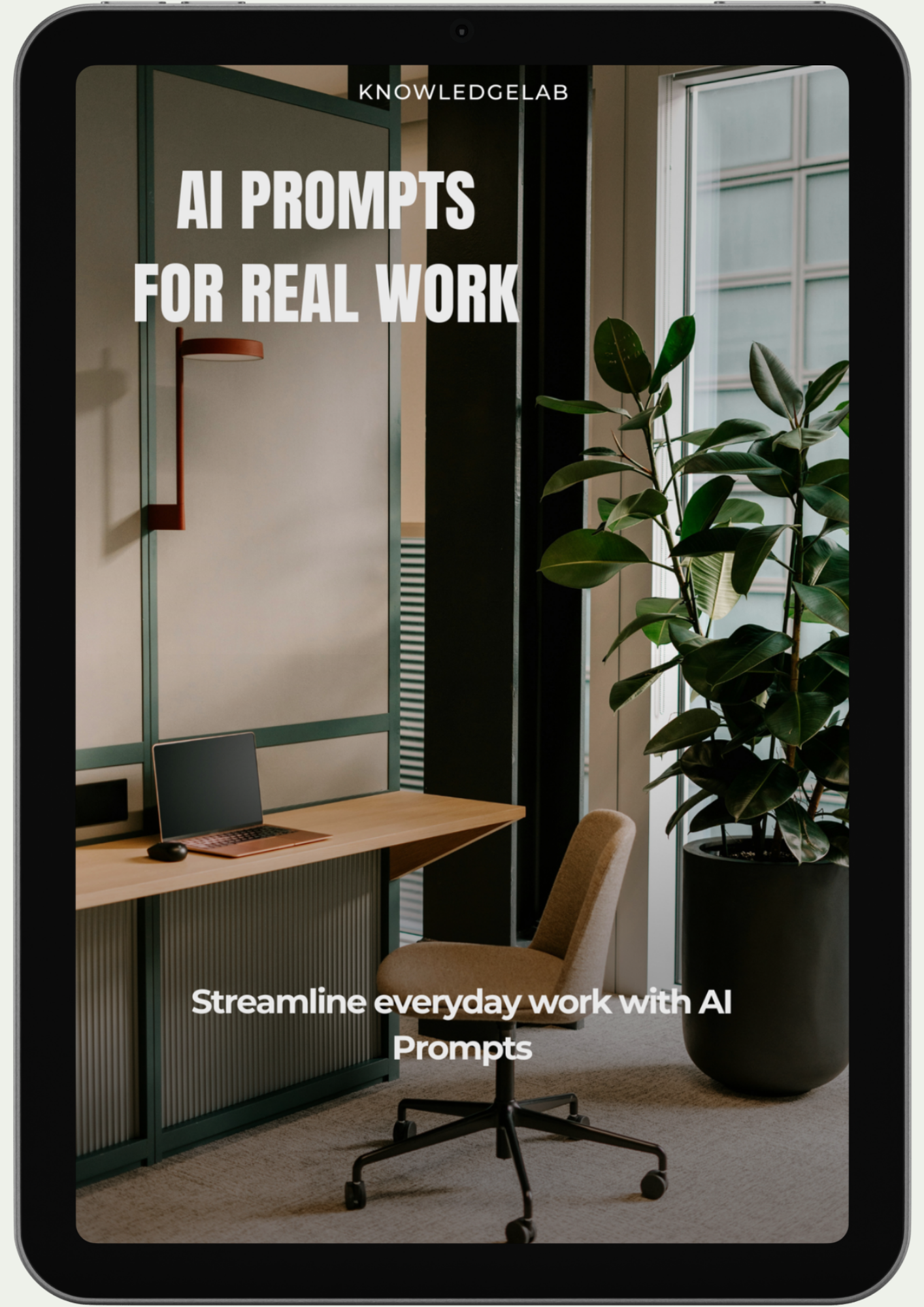 A modern office setup featuring The Best Sellers Collection—desk, laptop, office chair, plant—plus text: AI PROMPTS FOR REAL WORK. Boost productivity and streamline tasks with top AI tools and practical guides included.