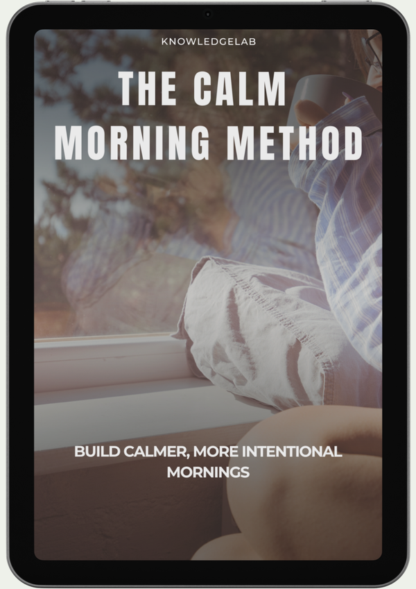 A tablet shows The Calm Morning Method ebook cover. Behind it, a person in a plaid shirt holds a mug by the window. Below, text reads: Build calmer, more intentional mornings and reduce mental clutter each day.