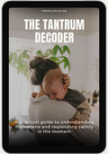 A woman holds a crying baby over her shoulder in a cozy room, with the book The Tantrum Decoder displayed.