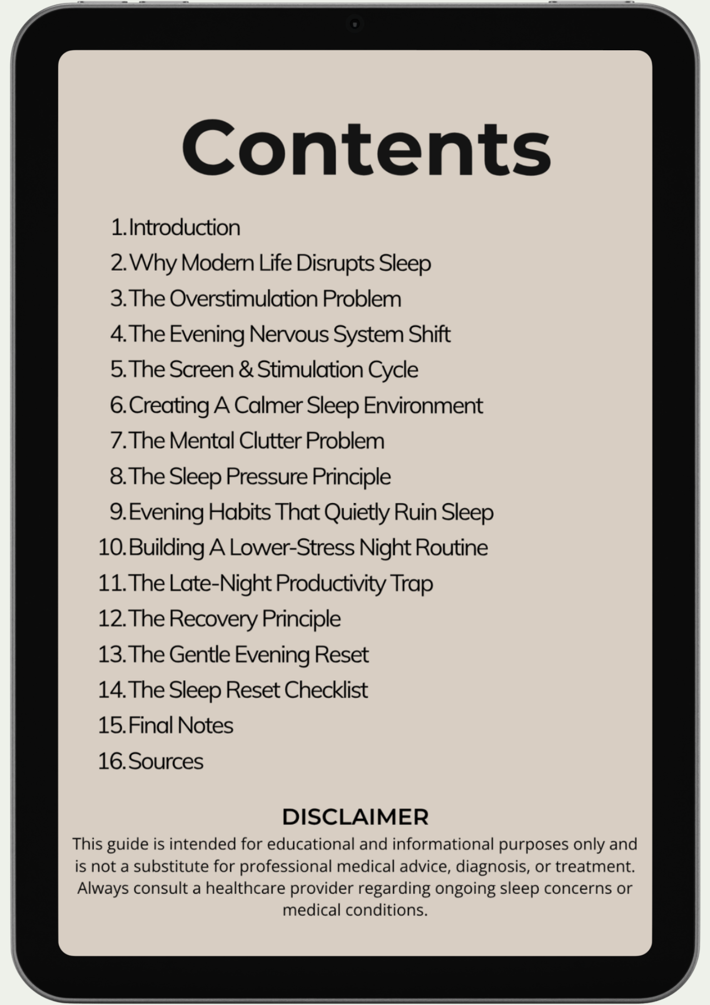 A tablet shows "The Sleep Reset" with a table of contents listing 15 topics, such as causes of sleep problems, tips for a calmer environment, evening routines to improve sleep, and an educational use disclaimer.