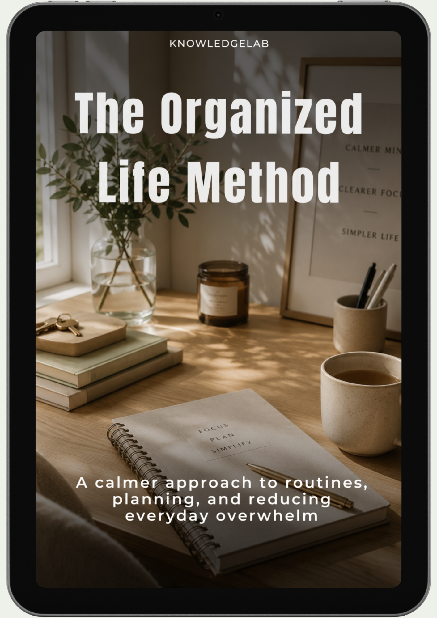 A tablet displays a book cover titled The Calm Home Collection, featuring a tidy desk with notebooks, a potted plant, coffee cup, and sunlight. The subtitle reads: A calmer approach to routines, home organization, and reducing everyday overwhelm.