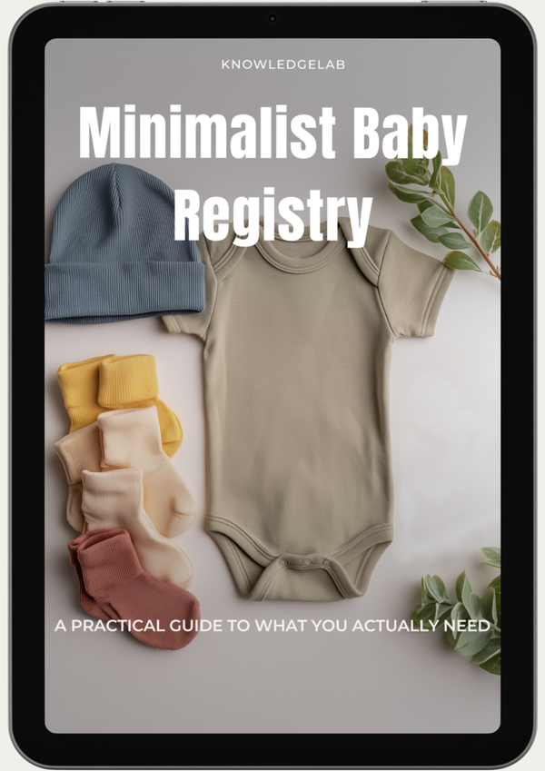 A tablet shows The Minimalist Baby Registry cover with a neutral onesie, folded hats, and pastel socks next to green leaves. Below, text reads: A practical guide to essential baby products you actually need.