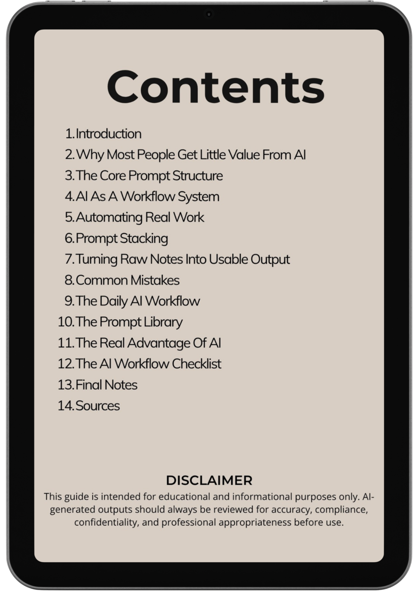 A digital tablet displays the table of contents for "AI Prompts for Real Work," featuring topics like AI value, prompt structure, workflow systems, work prompts, effective tools, common mistakes, sources, and a disclaimer.