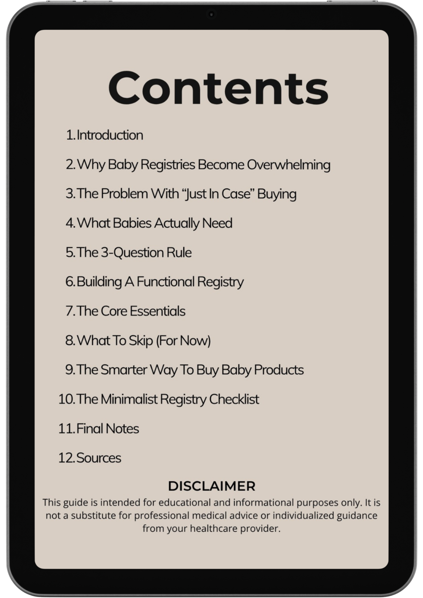 A tablet displays The Minimalist Baby Registry's table of contents, featuring essential baby products, tips for creating a minimalist registry, what babies need, and a disclaimer at the bottom.
