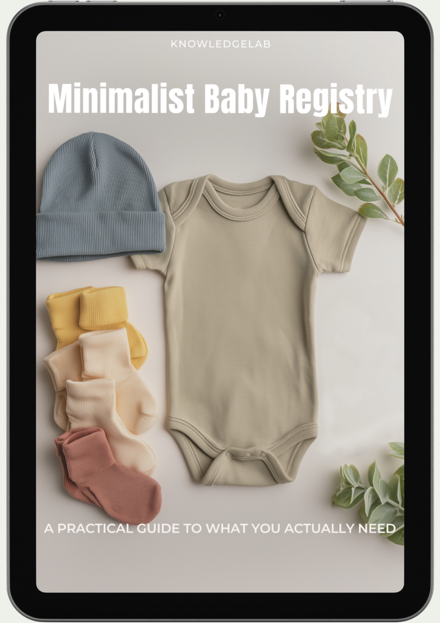 A digital tablet displays the cover of The Calm Parenting Collection, featuring a beige onesie, pastel socks, a blue hat, green leaves, and text: “A practical guide to what you actually need” for calm parenting.