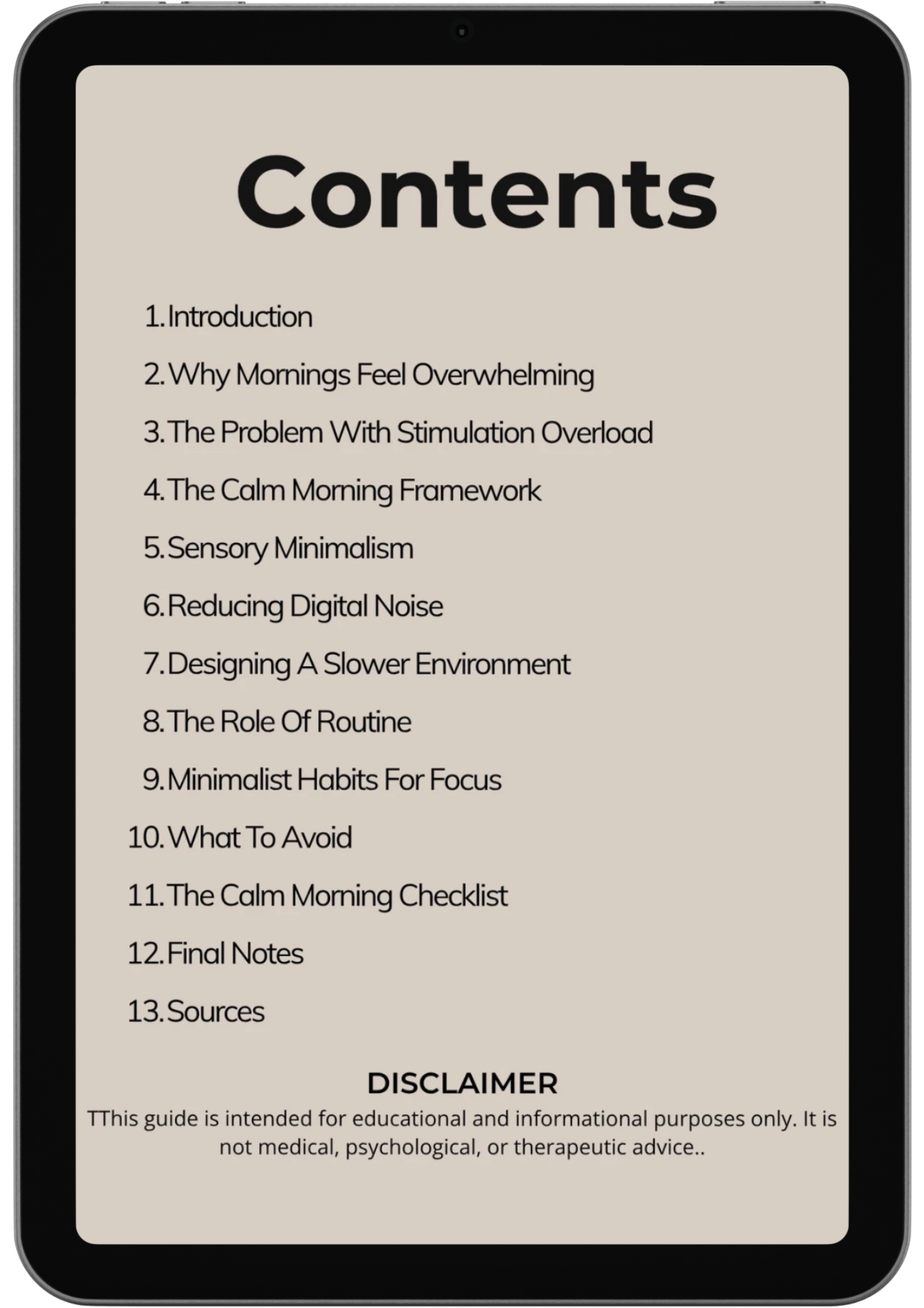 A tablet screen displays The Calm Morning Method’s table of contents with topics on intentional mornings, a calm routine, sensory minimalism, reducing digital noise, focus habits, and an educational use disclaimer.