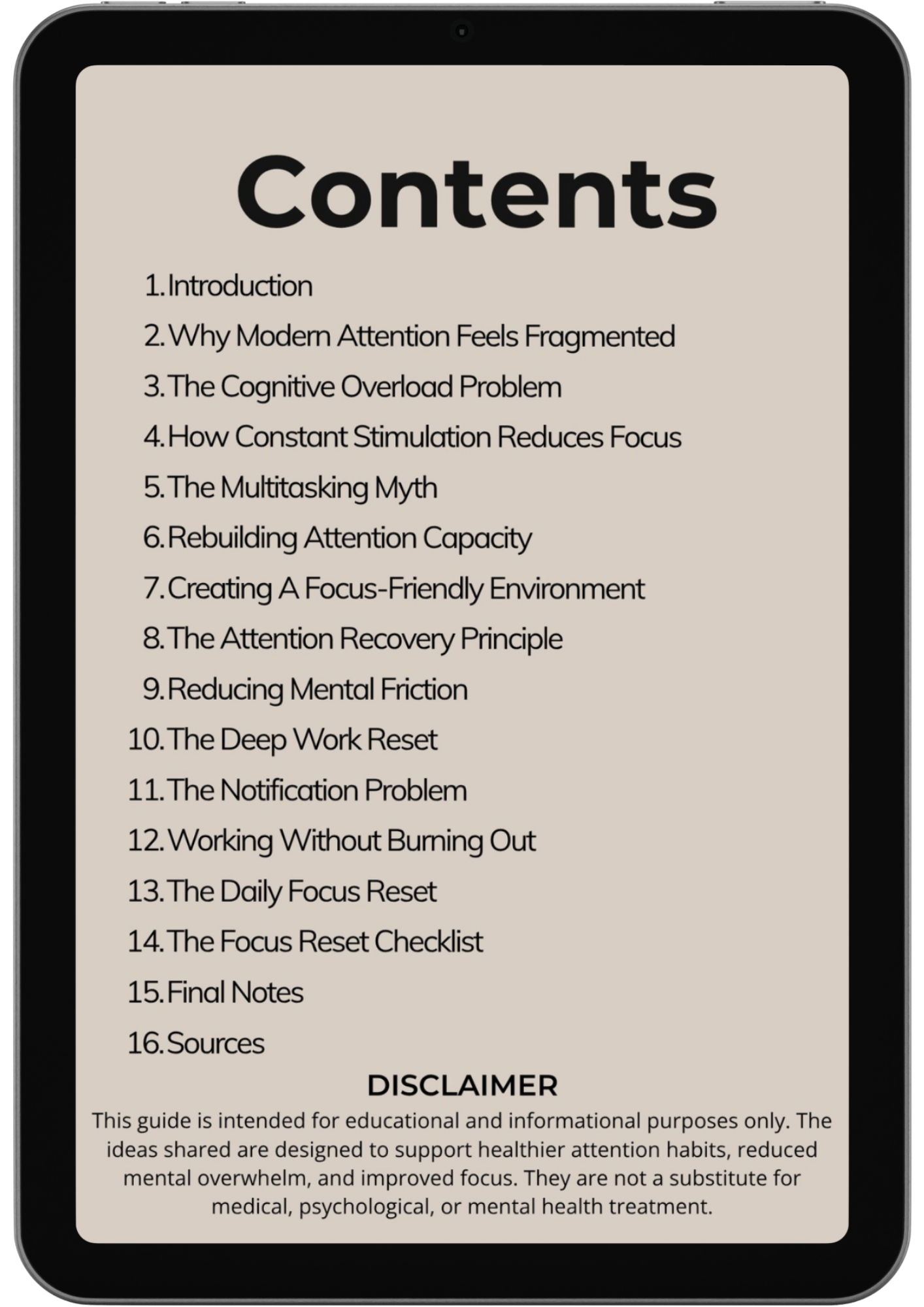 A tablet screen shows The Focus Reset's table of contents, listing 16 topics like attention fragmentation, cognitive overload, deep work, mental clarity strategies, plus a disclaimer at the bottom.