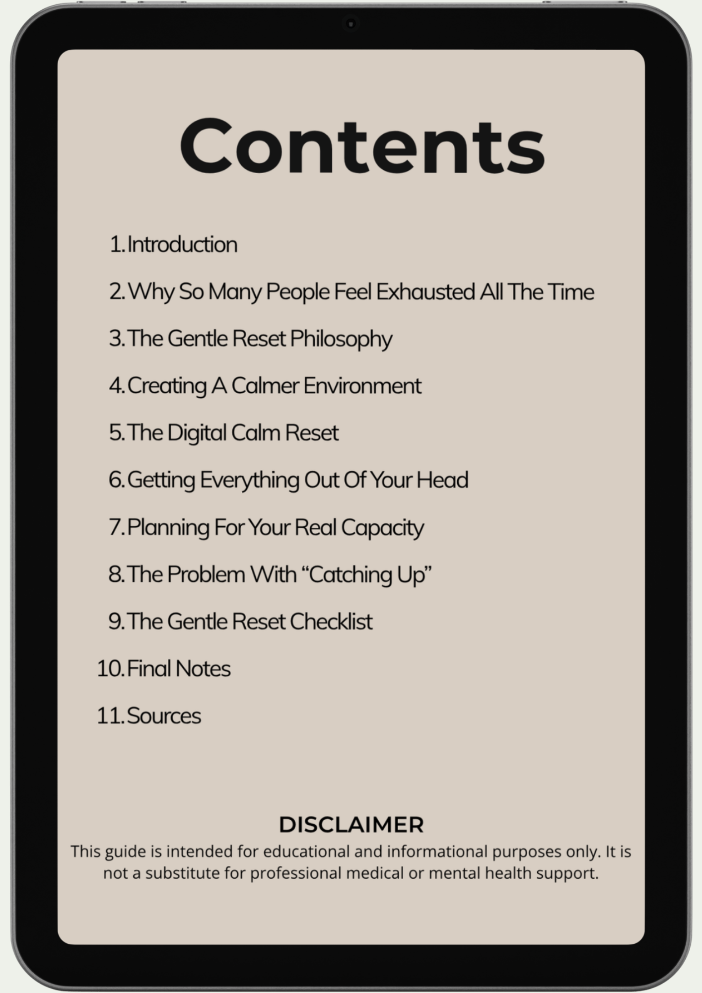 A tablet shows "The Gentle Sunday Reset" guide's table of contents with ten topics on calmness, self-care, and low-energy reset, plus a disclaimer that it’s for educational use only and not a substitute for professional health advice.