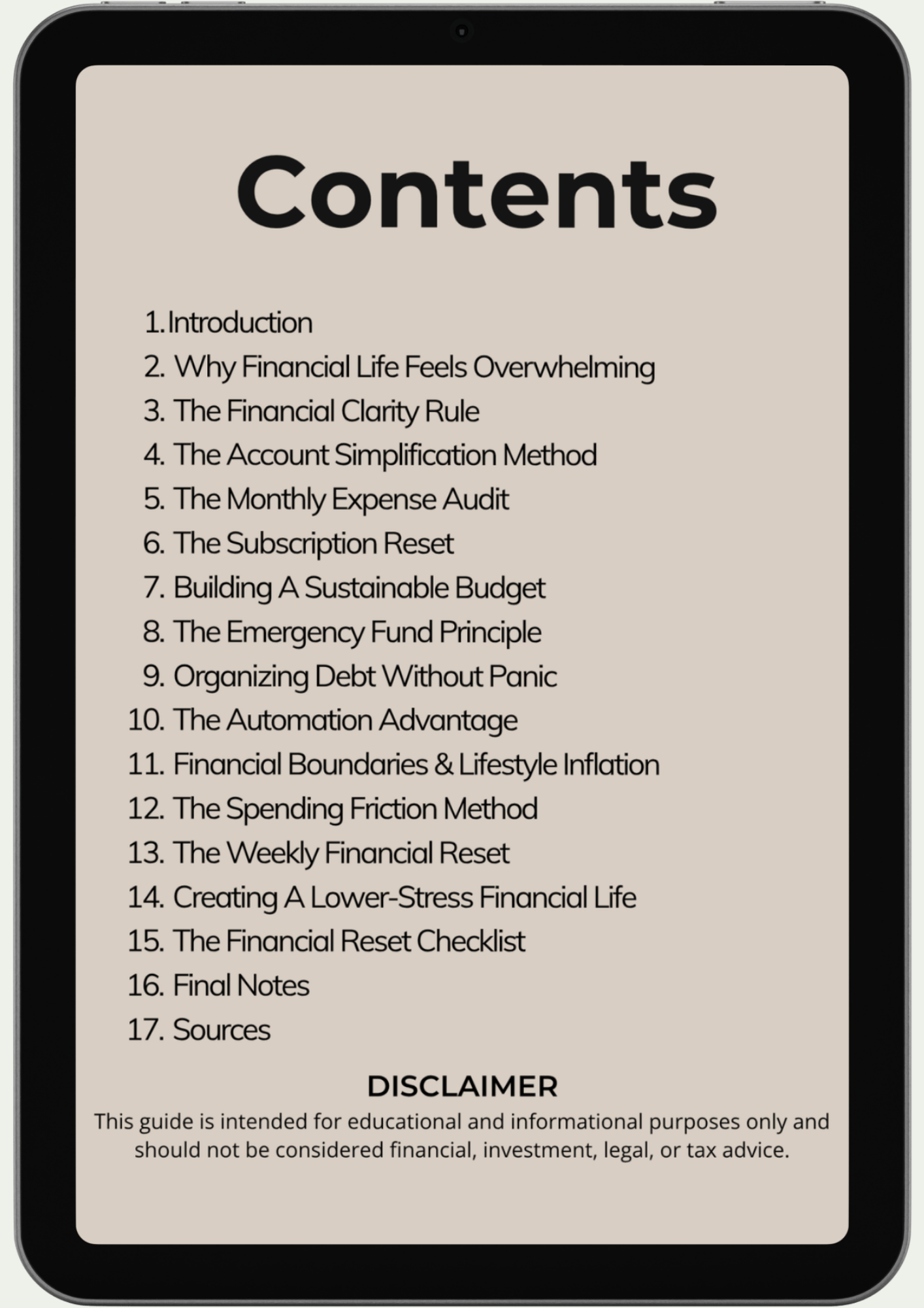 The Financial Reset tablet shows a table of contents with 17 topics like budgeting, subscription management, financial resets, and tips to ease money stress. A disclaimer at the bottom states it’s for educational use only.