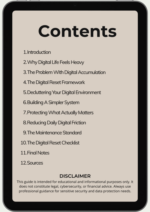 An image of a tablet screen showing the table of contents for The Digital Reset Guide, featuring topics like digital declutter, reset frameworks, minimizing digital friction, organizing your digital life, maintenance tips, and a disclaimer.
