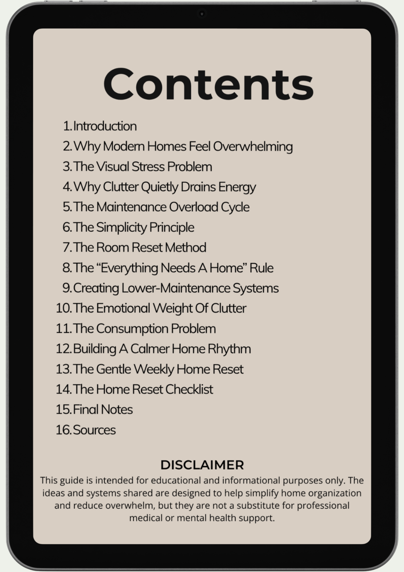 A tablet displays The Home Reset’s table of contents, listing 16 topics like decluttering, home systems, and stress-reducing routines, with a disclaimer at the bottom.