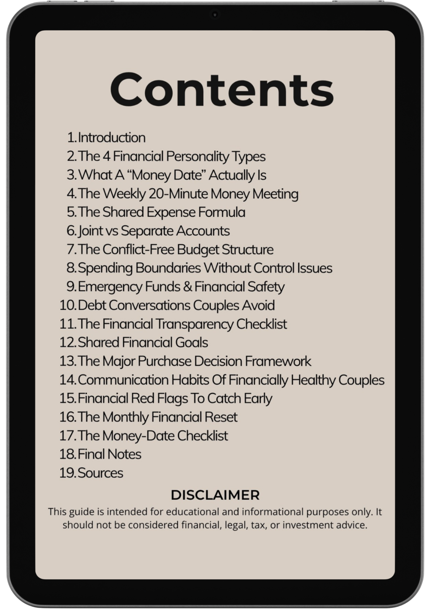 A tablet displays The Money-Date Method’s table of contents with 19 topics on financial planning for couples, such as communication and budgeting systems, plus a bottom disclaimer stating it’s for educational purposes only.