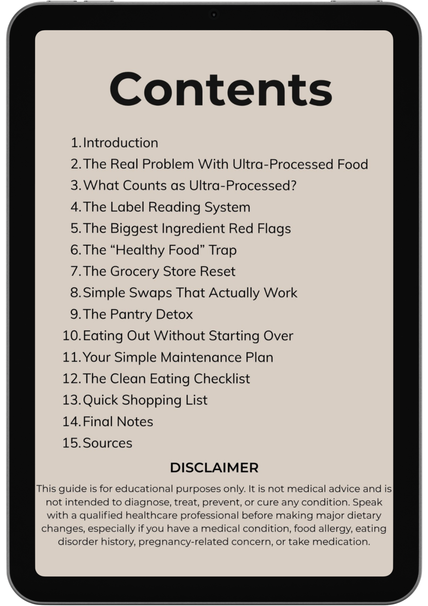 A tablet shows the table of contents for "The Processed Food Detox," featuring 15 sections covering clean eating, ultra-processed foods, label reading, ingredient red flags, shopping tips, healthy swaps, and a medical disclaimer.