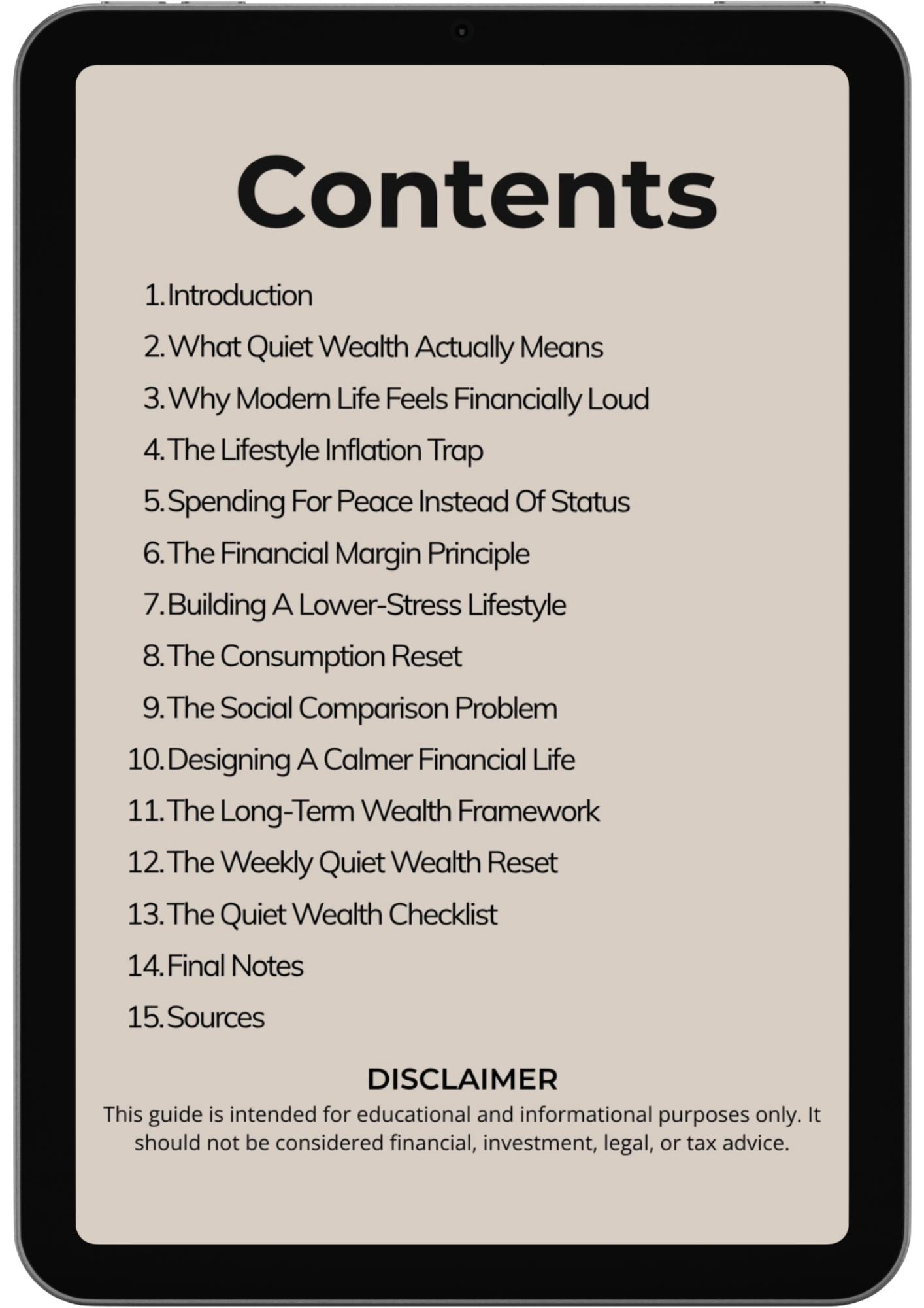 On a tablet screen, The Quiet Wealth Method shows a table of contents listing 15 topics on wealth and financial well-being—covering concepts like the meaning of wealth, money habits, and lifestyle inflation—with a disclaimer at the bottom.