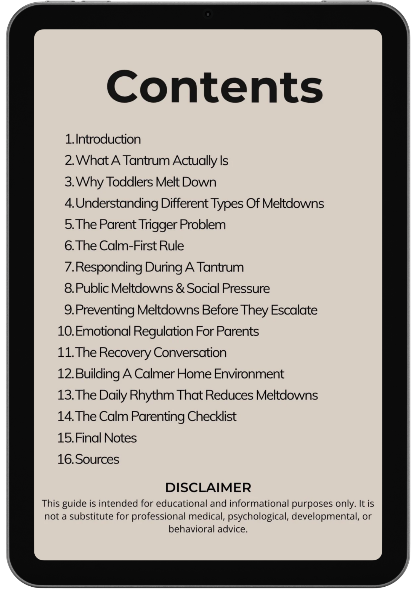 A tablet shows The Tantrum Decoder’s table of contents—a parenting guide on toddler tantrums, featuring 16 sections covering causes, emotional regulation, prevention, parental strategies, recovery tips, and a disclaimer at the bottom.